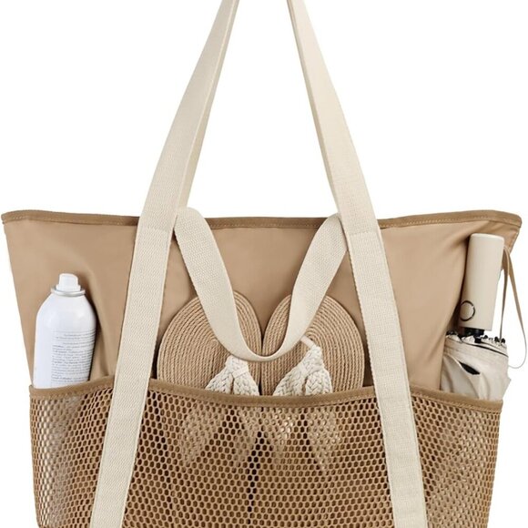 Foldable Waterproof Beach Bag with Mesh Pockets - Chic Travel Tote for Women - Picture 1 of 7